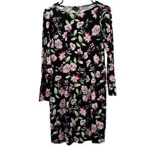 J. Jill Black White & Pink Floral Print Long Sleeve Shift‎ Mini Dress Size XSP